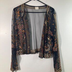 Womens Chicos Sheer Embroidered Mesh Open Cardigan Black Rust Gold‎ L